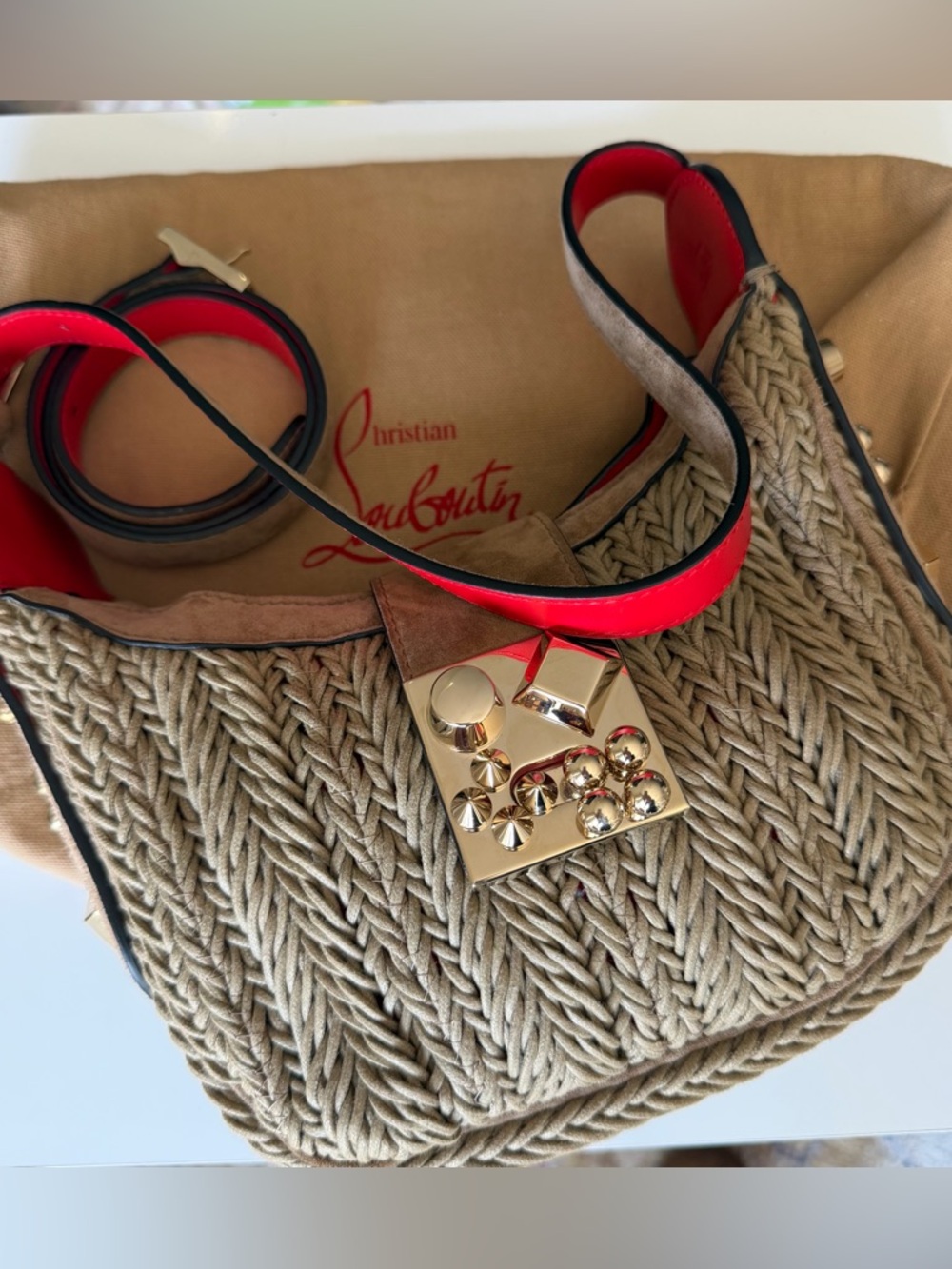 Christian Louboutin Carasky Mini Raffia Bag Gold Stud Crossbody Shoulder - Picture 14 of 14